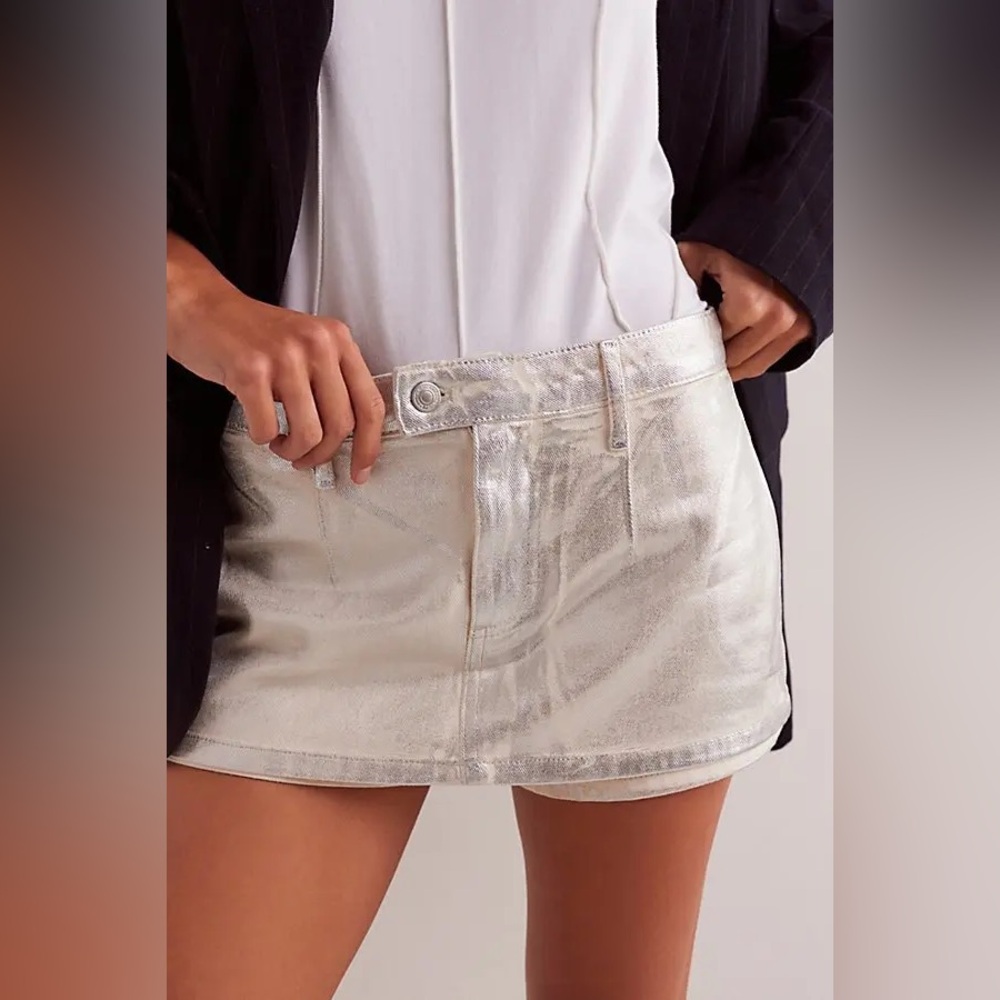 Free People Gallivant Mini Skirt Skort MirrorBall White Silver Denim Small S 28